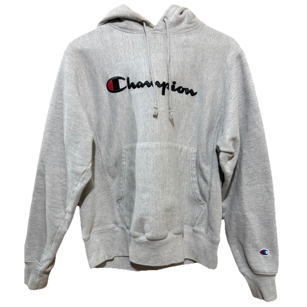 Champion Reverse Weave Hoodie Adult Small Grey Long Sleeve Pullover Spellout EUC